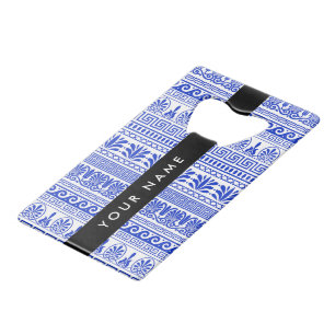 Greek Fret, Mixed Meander Key, Blue, Your Name Credit Card Bottle Opener