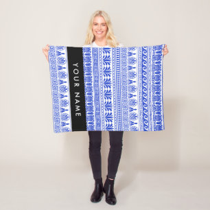 Greek Fret, Mixed Meander Key, Blue, Your Name Fleece Blanket