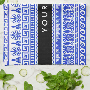 Greek Fret, Mixed Meander Key, Blue, Your Name Kitchen Towel