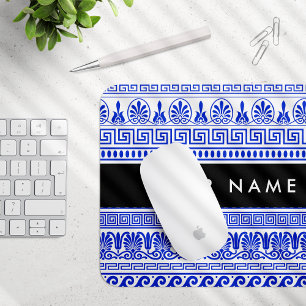 Greek Fret, Mixed Meander Key, Blue, Your Name Mouse Pad