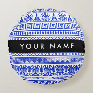 Greek Fret, Mixed Meander Key, Blue, Your Name Round Pillow