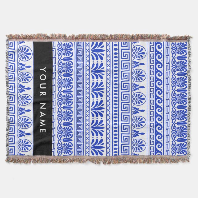 Greek Fret, Mixed Meander Key, Blue, Your Name Throw Blanket (Front)