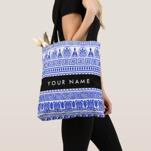 Greek Fret, Mixed Meander Key, Blue, Your Name Tote Bag