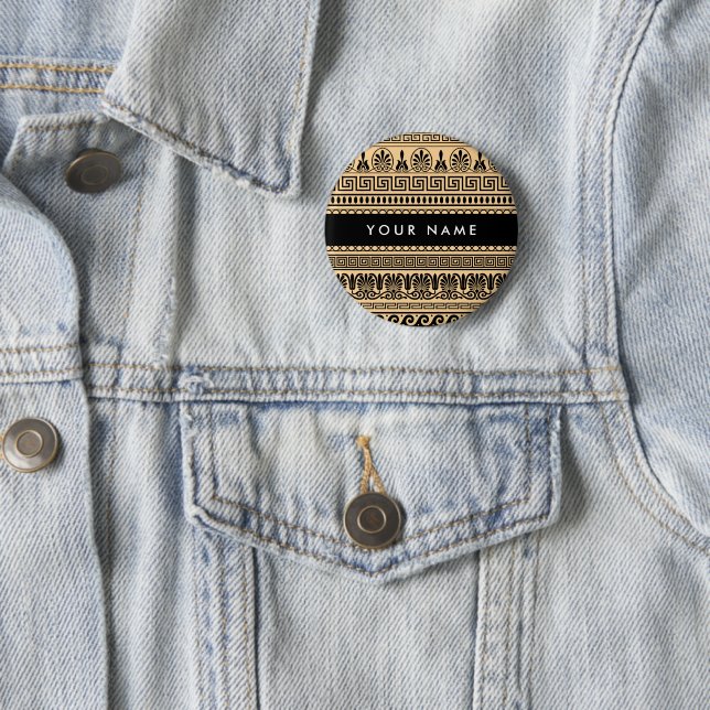 Greek Fret, Mixed Meander Key, Brown, Your Name 2 Inch Round Button (In Situ)