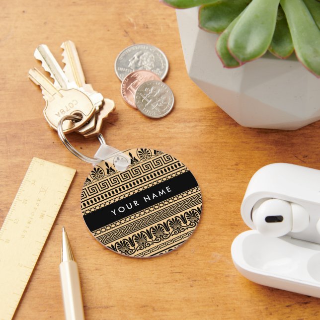 Greek Fret, Mixed Meander Key, Brown, Your Name Keychain (Desk)