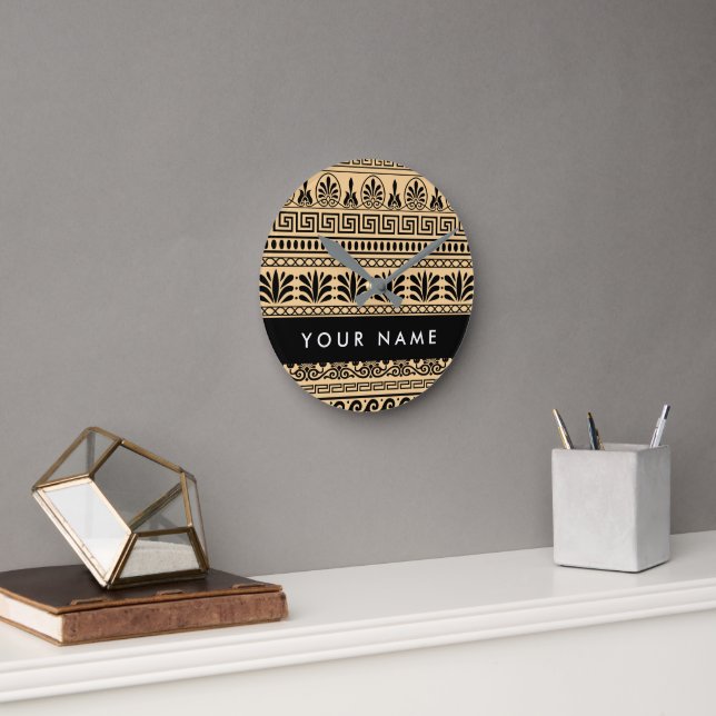 Greek Fret, Mixed Meander Key, Brown, Your Name Round Clock (Office)