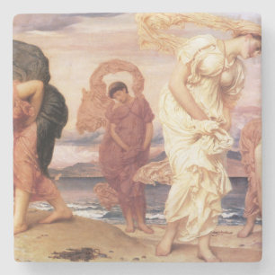 Greek Girls Picking up Pebbles on a Sandy Beach Stone Coaster