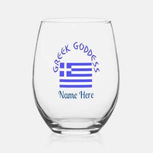 Greek Goddess and Flag of Greece Personalized Stemless Wine Glass