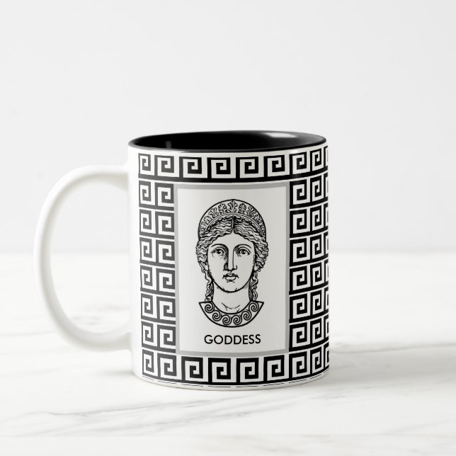 Greek Goddess on Black & White Geometric Pattern  Two-Tone Coffee Mug (Left)