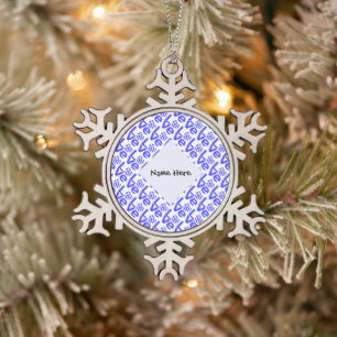 Greek Heart Blue LOVE Tiled Personalized Snowflake Pewter Christmas Ornament