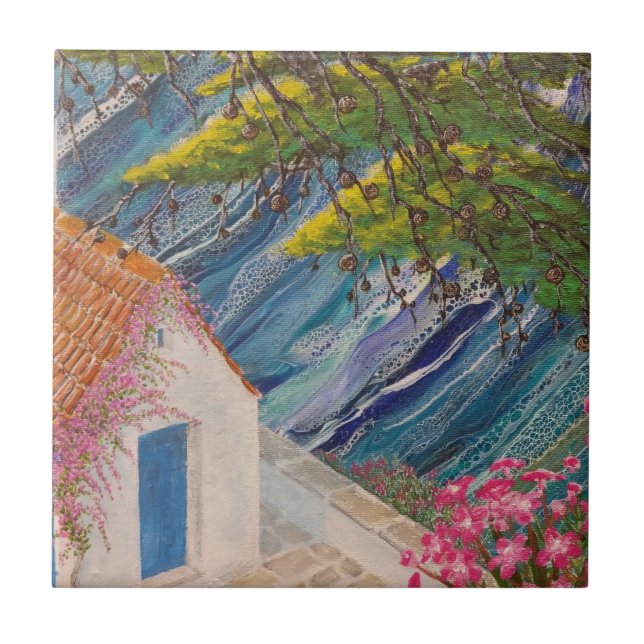 Greek Holidays Blue and Pink Tile (Front)
