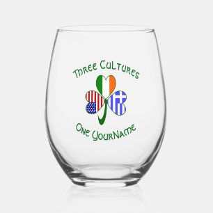 Greek Irish American Flags Shamrock Personalized  Stemless Wine Glass