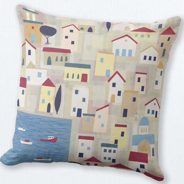 Greek Island Fishing Village Art Throw Pillow (Greek island fishing village abstract art throw pillow)