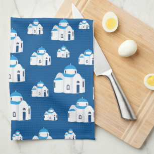 Greek Island Santorini Blue Dome Church  Kitchen Towel
