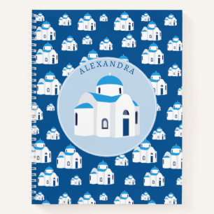 Greek Island Santorini Blue Dome Church Monogram Notebook