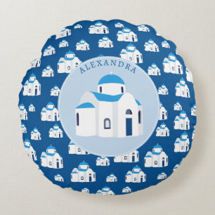 Greek Island Santorini Blue Dome Church Monogram Round Pillow