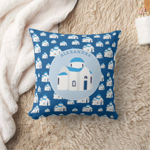 Greek Island Santorini Blue Dome Church Monogram Throw Pillow