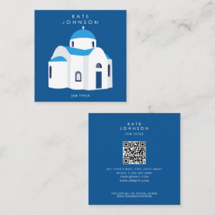 Greek Island Santorini Blue Dome Church QR Code Square Business Card