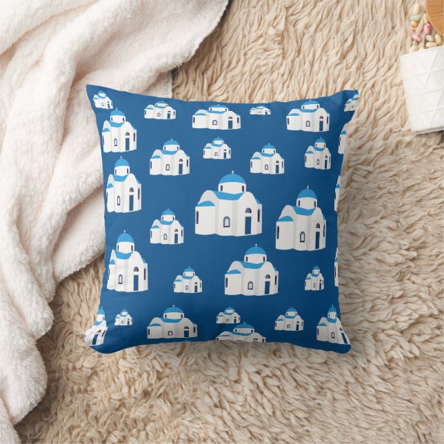 Greek Island Santorini Blue Dome Church  Throw Pillow (Blanket)