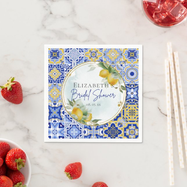 Greek Italian Blue Tiles Lemons Bridal Shower Napkin (Insitu)