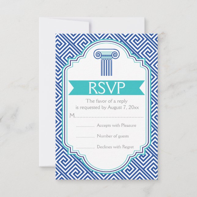 Greek key and aqua, blue column wedding RSVP (Front)