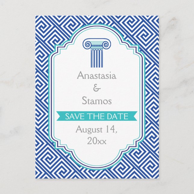 Greek key and blue column wedding Save the Date Announcement Postcard (Front)