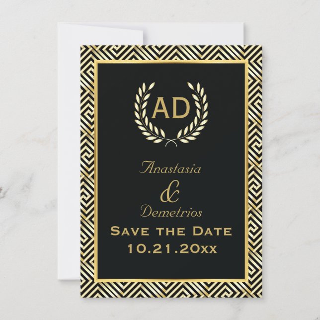 Greek key and laurel wreath wedding Save the Date (Front)