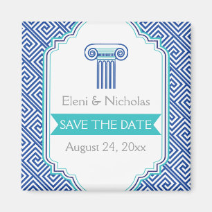Greek key & aqua blue column wedding Save the Date Magnet