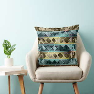 Greek Key Aqua Teal and Black with Gold Stripes Throw Pillow