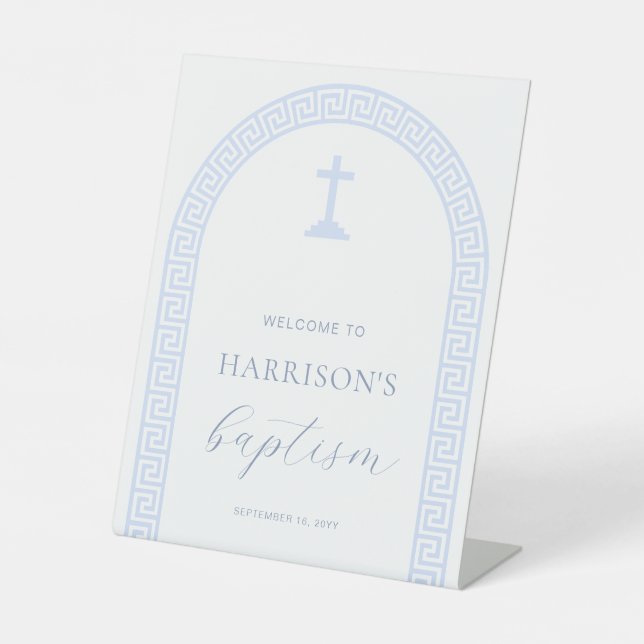 Greek Key Arch White Blue Baptism Welcome Pedestal Sign (Front)