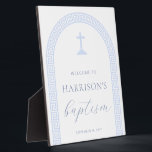 Greek Key Arch White Blue Baptism Welcome Sign Plaque<br><div class="desc">This design features a minimalist Greek key design with fully editable text. For more advanced customization of this design,  simply select the "Customize It" button above.</div>