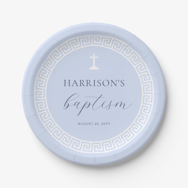 Greek Key Blue Baptism Paper Plate (Front)