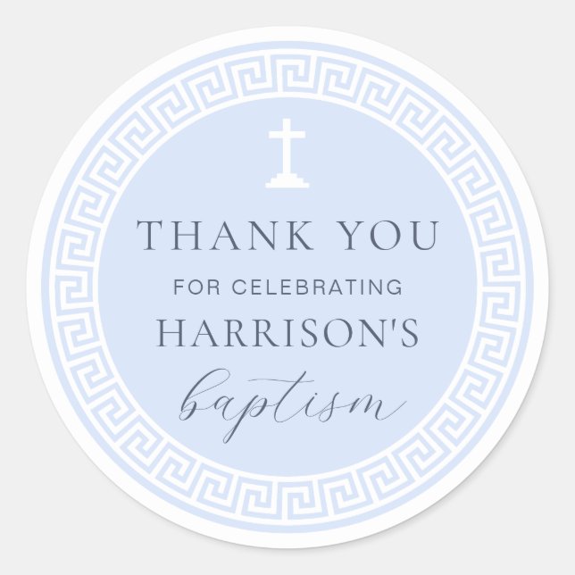 Greek Key Blue Baptism Thank You Classic Round Sticker (Front)