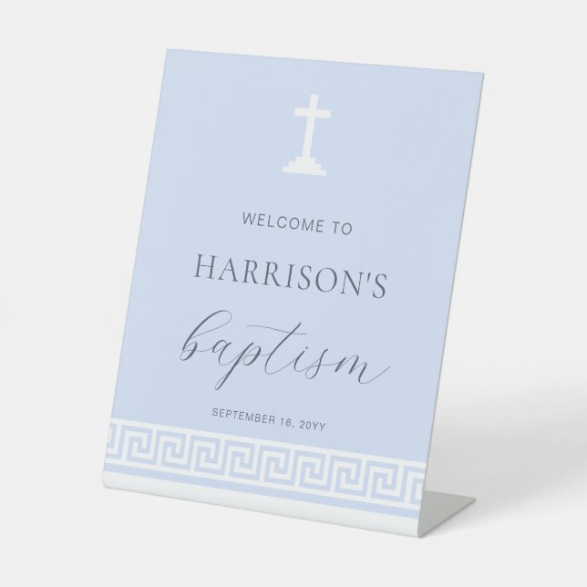 Greek Key Blue Baptism Welcome Sign (Front)
