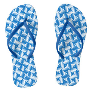 Greek Key, cerulean blue and white Flip Flops