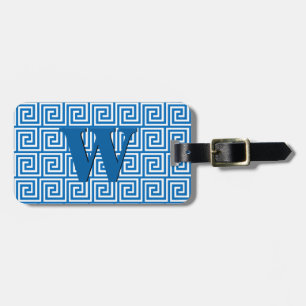 Greek Key, cerulean blue and white Luggage Tag