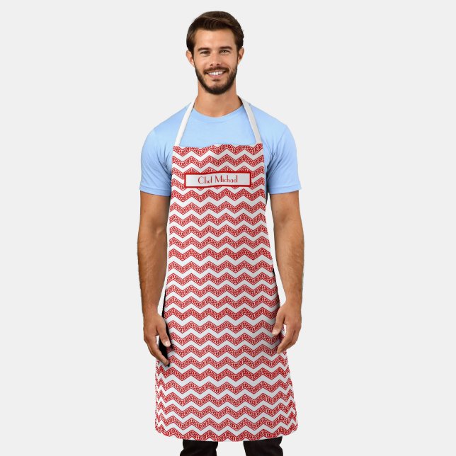 Greek Key Chevron DIY Colours Red White SV Apron (Worn)