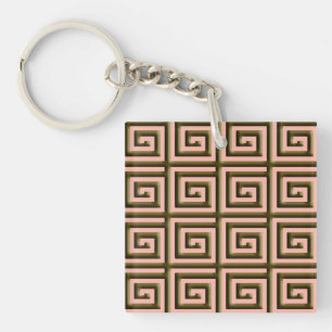 Greek Key design - chocolate brown on coral Keychain