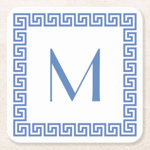 Greek Key Design Monogram Square Paper Coaster
