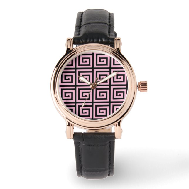 Greek Key design - pink and black enamel look Watch (Front)