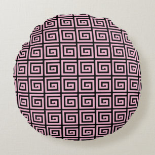 Greek Key design - pink and black Round Pillow