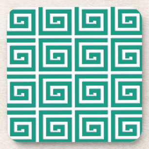 Greek Key design - teal and white Coaster