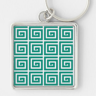 Greek Key design - teal and white enamel look Keychain