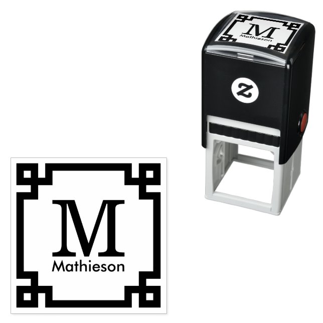 Greek Key Framed Initial Name Monogram Self-inking Stamp (In Situ)