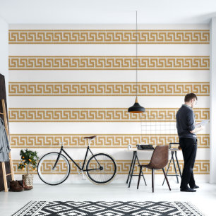 Greek Key Gold on White Designer Wallpaper