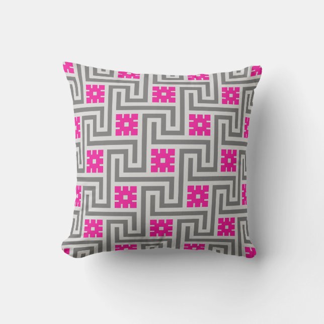 Greek Key, Grey / Grey and Fuchsia Pink Lumbar Pil Throw Pillow (Front)