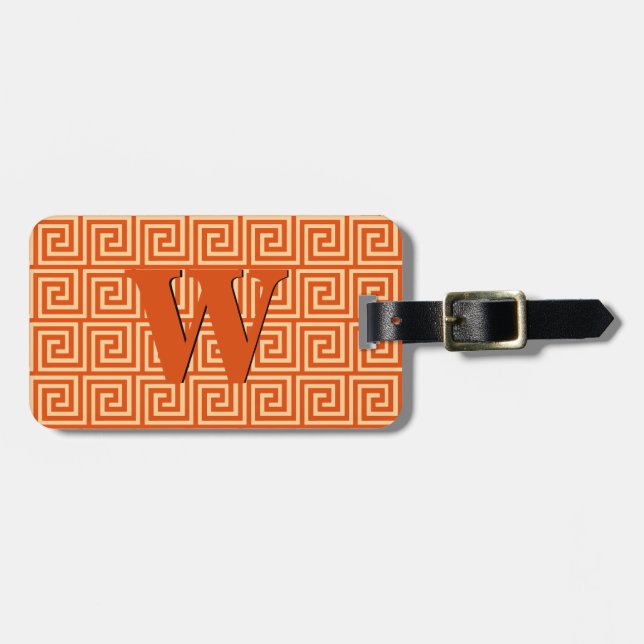 Greek Key, mandarin orange Luggage Tag (Front Horizontal)