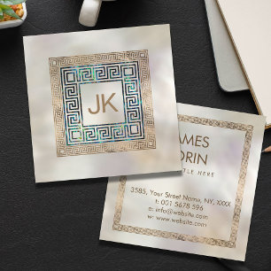 Greek Key Meander Monogram Abalone and gold Square Business Card