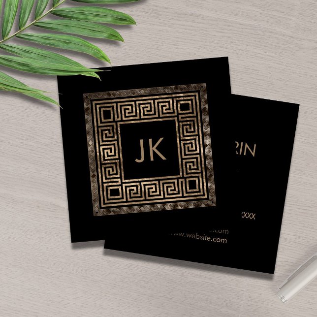 Greek Key Meander Monogram Gold on Black Square Business Card (Creator Uploaded)