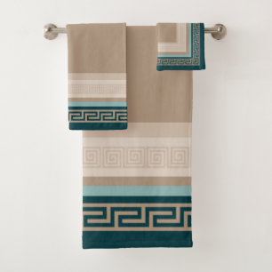 Greek Key - Meander - Taupe and Green Bath Towel Set